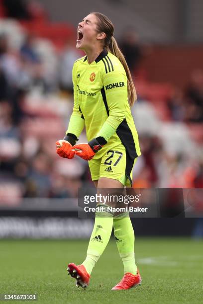 Mary Earps of Manchester United celebrates their team's first goal, scored by teammate Lucy Staniforth during the Barclays FA Women's Super League...