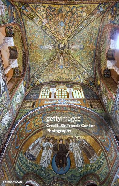 byzantine mosaics  on the apse, arch and dome of san vitale basilica in ravenna, italy - ravenna stock pictures, royalty-free photos & images