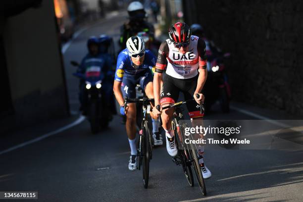 Fausto Masnada of Italy and Team Deceuninck - Quick-Step and Tadej Pogacar of Slovenia and UAE Team Emirates compete in the breakaway during the...