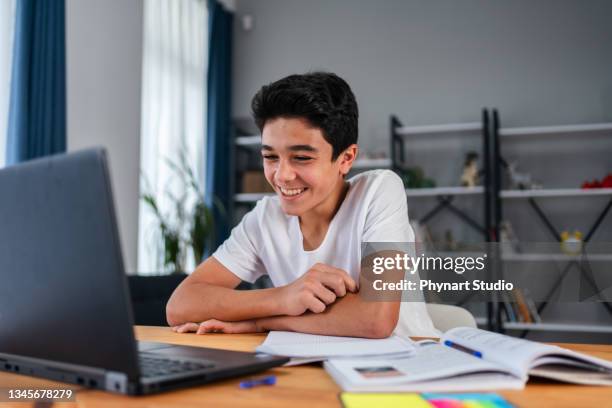 students having fun during online lesson - boy homework stock pictures, royalty-free photos & images
