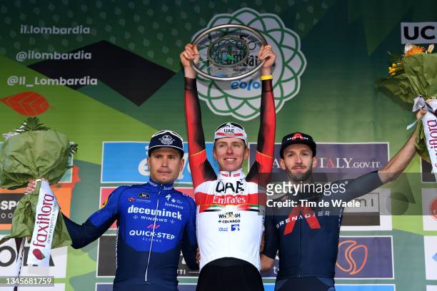 Fausto Masnada of Italy and Team Deceuninck - Quick-Step on second place, race winner Tadej Pogacar of Slovenia and UAE Team Emirates and Adam Yates...