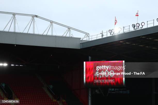 An LED board inside the stadium displays a recording breaking attendance during the Barclays FA Women's Championship match between Sheffield United...