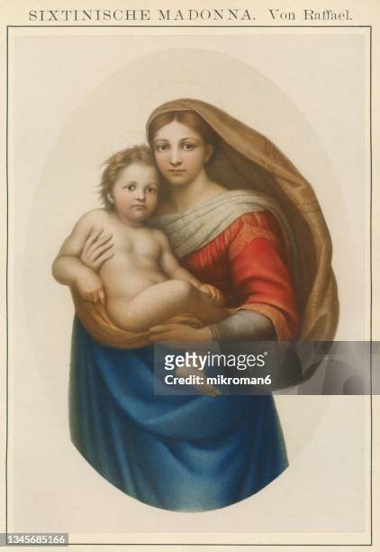 old chromolithograph illustration of the sistine madonna ( madonna di san sisto), oil painting by the italian artist raphael - virgin mary stock pictures, royalty-free photos & images