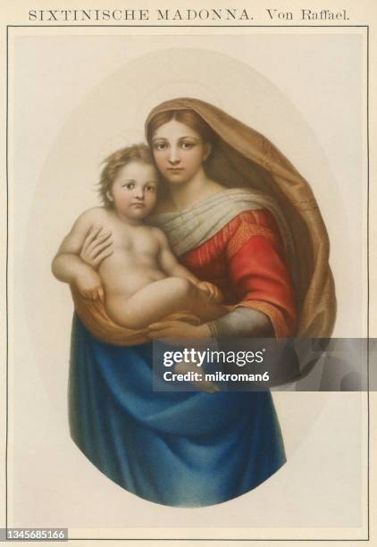 old chromolithograph illustration of the sistine madonna ( madonna di san sisto), oil painting by the italian artist raphael - madona sistina imagens e fotografias de stock