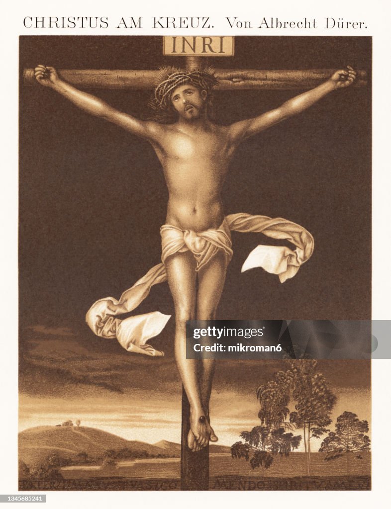 Old chromolithograph illustration of Christ on the Cross Albrecht Durer