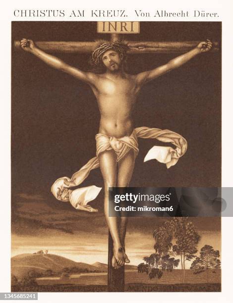 old chromolithograph illustration of christ on the cross albrecht durer - beautiful jesus christ stock pictures, royalty-free photos & images