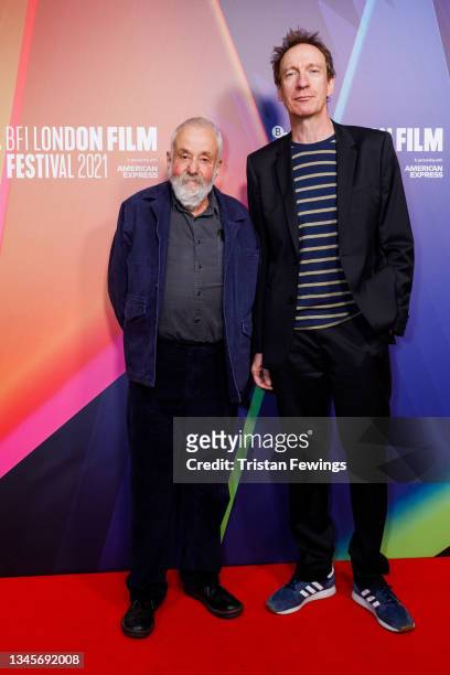 Director Mike Leigh and David Thewlis attend the "Naked" photocall during the 65th BFI London Film Festival at BFI Southbank on October 09, 2021 in...
