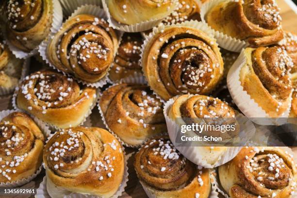 a collection of freshly baked cinnamon buns - cinnamon fotografías e imágenes de stock