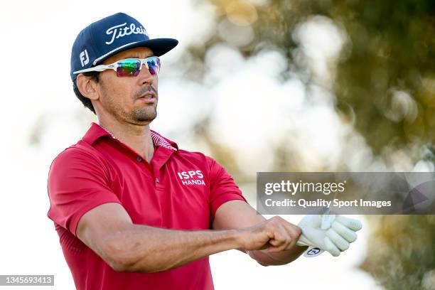 Rafa Cabrera Bello of Spain adjusts his glove during Day Three of The Open de Espana at Club de Campo Villa de Madrid on October 09, 2021 in Madrid,...