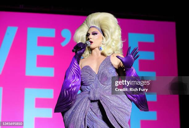 Alyssa Edwards speaks onstage during the "We're Here" Season 2 Premiere at Sony Pictures Studios on October 08, 2021 in Culver City, California.