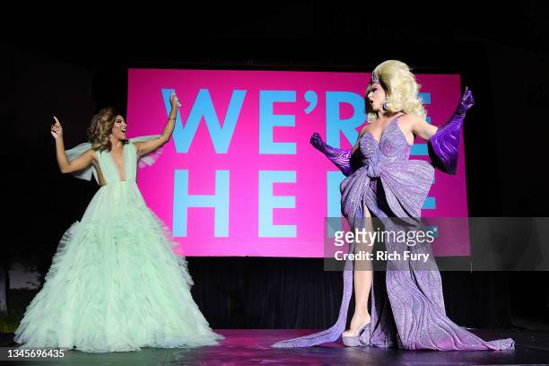 Shangela and Alyssa Edwards speak onstage during the "We're Here" Season 2 Premiere at Sony Pictures Studios on October 08, 2021 in Culver City,...