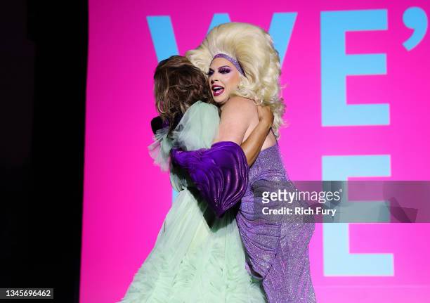 Shangela and Alyssa Edwards speak onstage during the "We're Here" Season 2 Premiere at Sony Pictures Studios on October 08, 2021 in Culver City,...