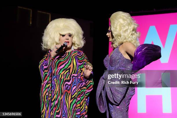 Lady Bunny and Alyssa Edwards speak onstage during the "We're Here" Season 2 Premiere at Sony Pictures Studios on October 08, 2021 in Culver City,...