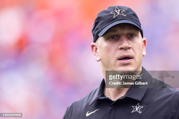 Head coach Clark Lea of the Vanderbilt Commodores looks on during the second quarter of a game against the Florida Gators at Ben Hill Griffin Stadium...