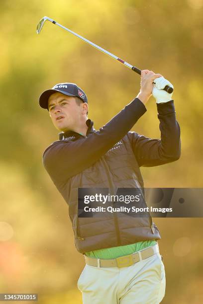 David Law of Scotland watches his shot during Day Three of The Open de Espana at Club de Campo Villa de Madrid on October 09, 2021 in Madrid, Spain.