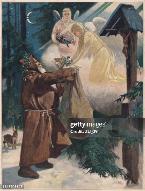 santa claus and the christkind, color woodcut, published in 1897 - man angel wings stock illustrations