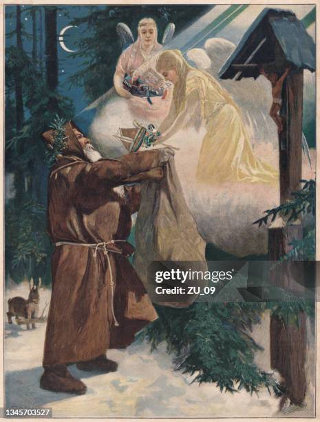 santa claus and the christkind, color woodcut, published in 1897 - catholic church christmas 幅插畫檔、美工圖案、卡通及圖標
