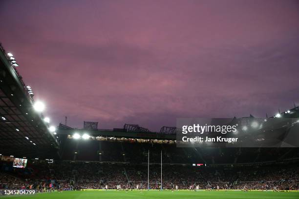General view inside the stadium during play in the Betfred Super League Grand Final match between Catalans Dragons and St Helens at Old Trafford on...