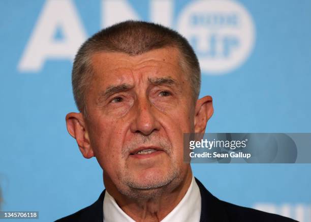 Czech Prime Minister Andrej Babis speaks to the media after his ANO political movement lost parliamentary elections on October 09, 2021 in Prague,...