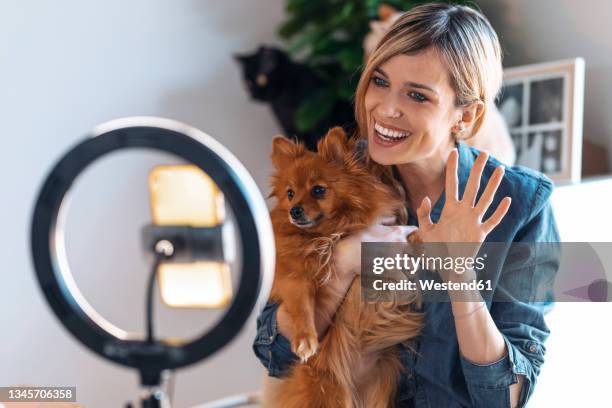 happy female vlogger with dog waving during video conference through mobile phone at home - dog waving stock pictures, royalty-free photos & images