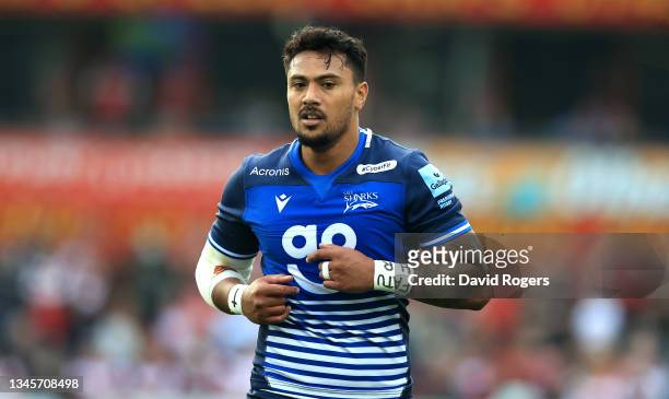 Denny Solomona of Sale Sharks looks on during the Gallagher Premiership Rugby match between Gloucester Rugby and Sale Sharks at Kingsholm Stadium on...