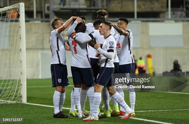 Bukayo Saka of England celebrates after scoring their team's second goal during the 2022 FIFA World Cup Qualifier match between Andorra and England...