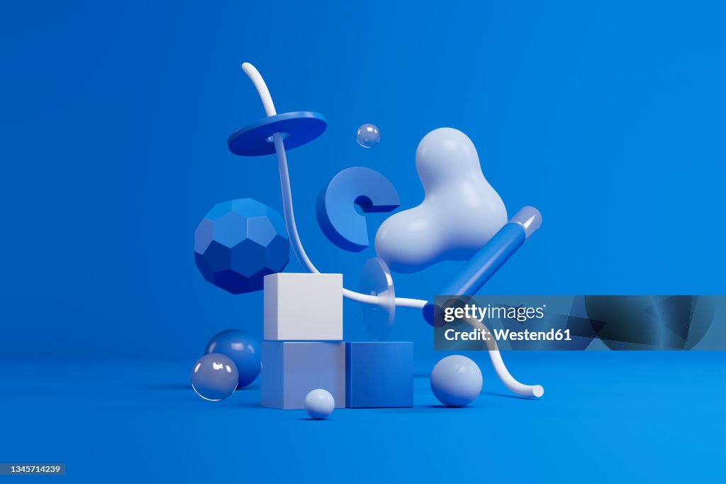 Three Dimensional Render Of Blue And White Geometric Shapes Floating ...