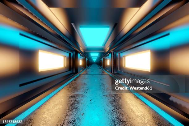 three dimensional render of futuristic corridor inside spaceship or space station - spaceship inside stock illustrations
