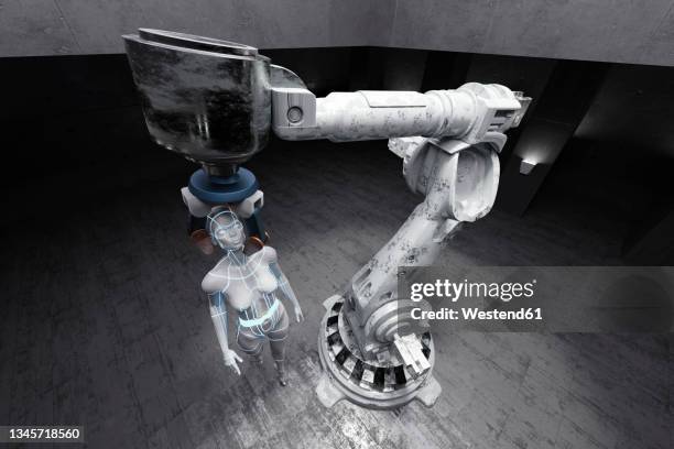 three dimensional render of gynoid held by large robotic arm - robotic arm stock illustrations