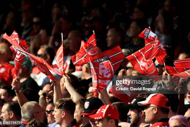 Gloucester supporters during the Gallagher Premiership Rugby match between Gloucester Rugby and Sale Sharks at Kingsholm Stadium on October 09, 2021...