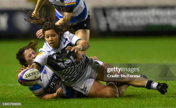 Sale player Molly Morrissey in action during the Allianz Premier 15s between Darlington Mowden Park Sharks and Sale Sharks Women at Darlington Arena...