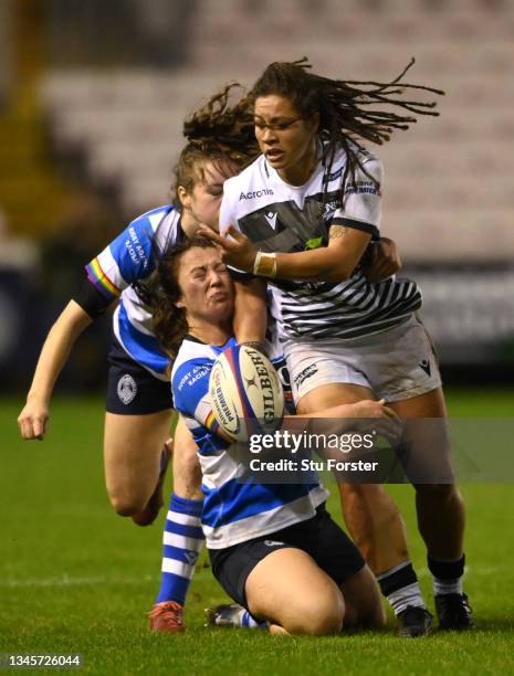 Sale player Molly Morrissey in action during the Allianz Premier 15s between Darlington Mowden Park Sharks and Sale Sharks Women at Darlington Arena...