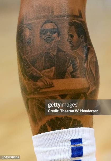 Detailed view of the tattoo on the calf of Juan Toscano-Anderson of the Golden State Warriors while playing the Los Angeles Lakers at Chase Center on...