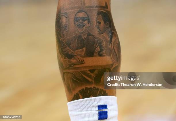 Detailed view of the tattoo on the calf of Juan Toscano-Anderson of the Golden State Warriors while playing the Los Angeles Lakers at Chase Center on...