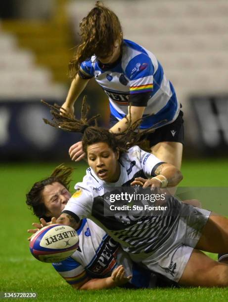Sale player Molly Morrissey in action during the Allianz Premier 15s between Darlington Mowden Park Sharks and Sale Sharks Women at Darlington Arena...
