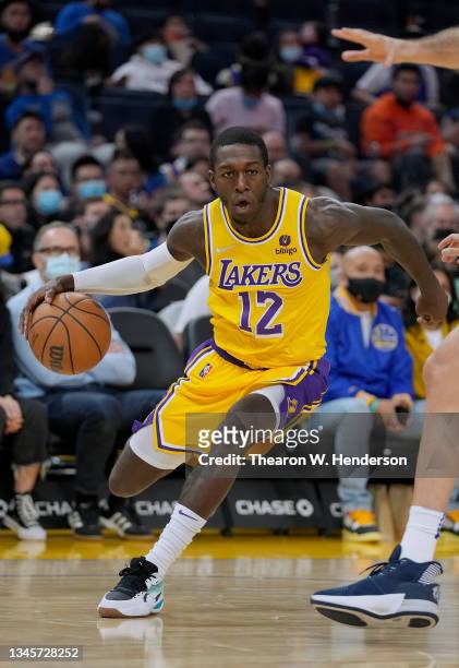Kendrick Nunn of the Los Angeles Lakers drives towards the basket against the Golden State Warriors at Chase Center on October 08, 2021 in San...