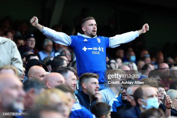 An Ipswich Town supporter shows his support during the Sky Bet League One match between Ipswich Town and Shrewsbury Town at Portman Road on October...