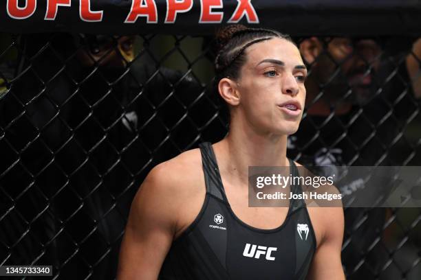 Mackenzie Dern stands in her corner prior to her women's strawweight bout against Marina Rodriguez of Brazil during the UFC Fight Night event at UFC...