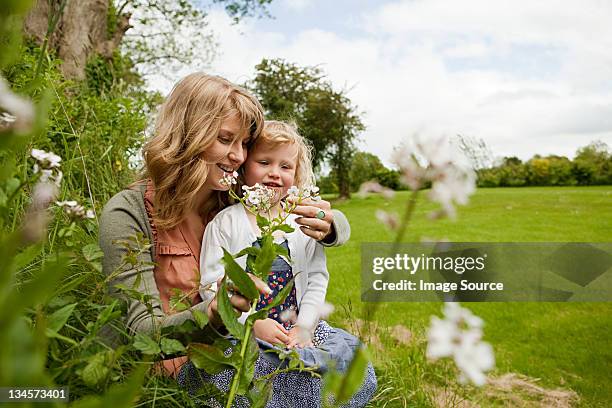 mother and daughter sitting in field with wildflowers - irish family stock pictures, royalty-free photos & images