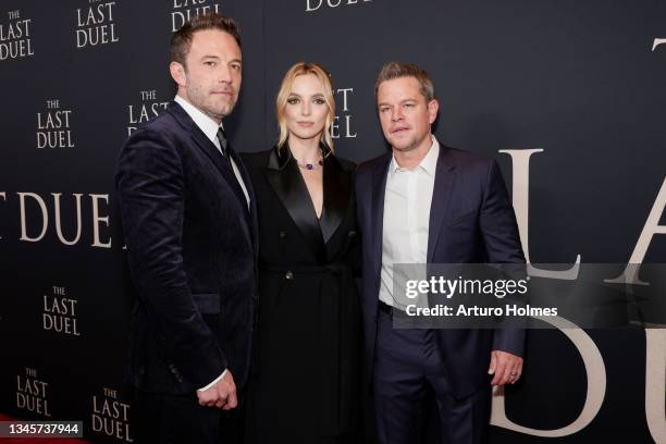 Ben Affleck, Jodie Comer and Matt Damon attend "The Last Duel" New York Premiere at Rose Theater at Jazz at Lincoln Center's Frederick P. Rose Hall...