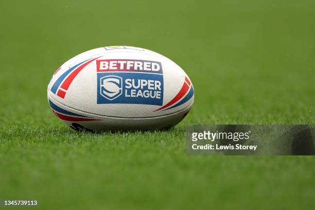 Detailed view of a Betfred Super League match ball is seen prior to the Betfred Super League Grand Final match between Catalans Dragons and St Helens...