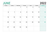 2022 June illustration vector desk calendar weeks start on Monday in light green and white theme