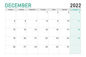 2022 December illustration vector desk calendar weeks start on Monday in light green and white theme