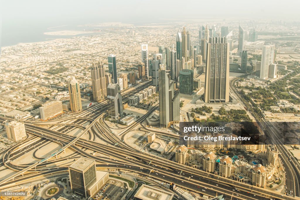 Aerial view of Dubai downtown from Burj Khalifa viewpoint