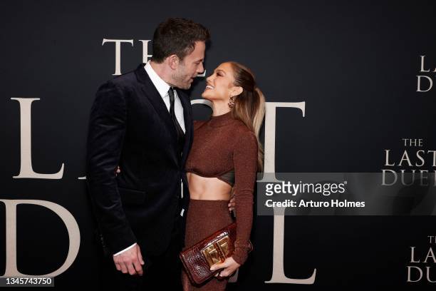 Ben Affleck and Jennifer Lopez attend "The Last Duel" New York Premiere at Rose Theater at Jazz at Lincoln Center's Frederick P. Rose Hall on October...