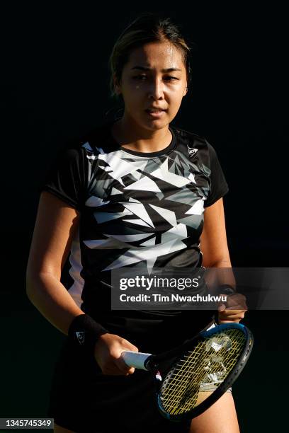 Zarina Diyas of Kazakhstan reacts during a match against Barbora Krejčíková of the Czech Republic during the BNP Paribas Open at the Indian Wells...