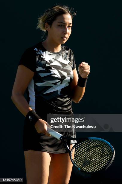 Zarina Diyas of Kazakhstan reacts during a match against Barbora Krejčíková of the Czech Republic during the BNP Paribas Open at the Indian Wells...