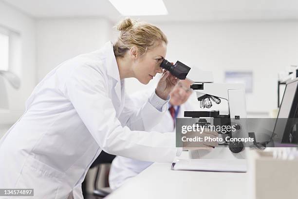scientist working in pathology lab - microscope side view stock pictures, royalty-free photos & images