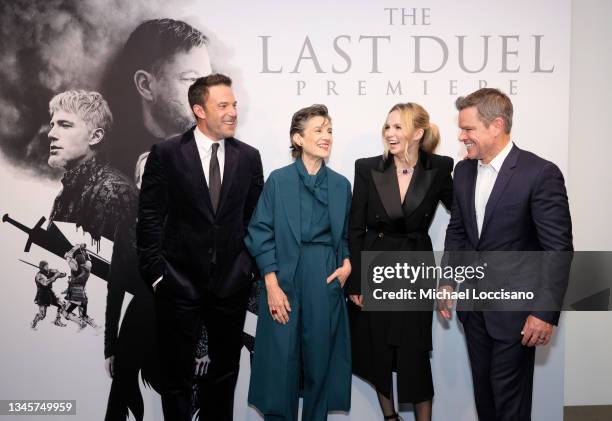 Ben Affleck, Harriet Walter, Jodie Comer, and Matt Damon attend The Last Duel New York Premiere on October 09, 2021 in New York City.