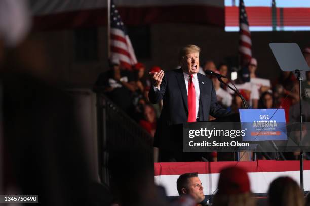 Former President Donald Trump speaks to supporters during a rally at the Iowa State Fairgrounds on October 09, 2021 in Des Moines, Iowa. This is...